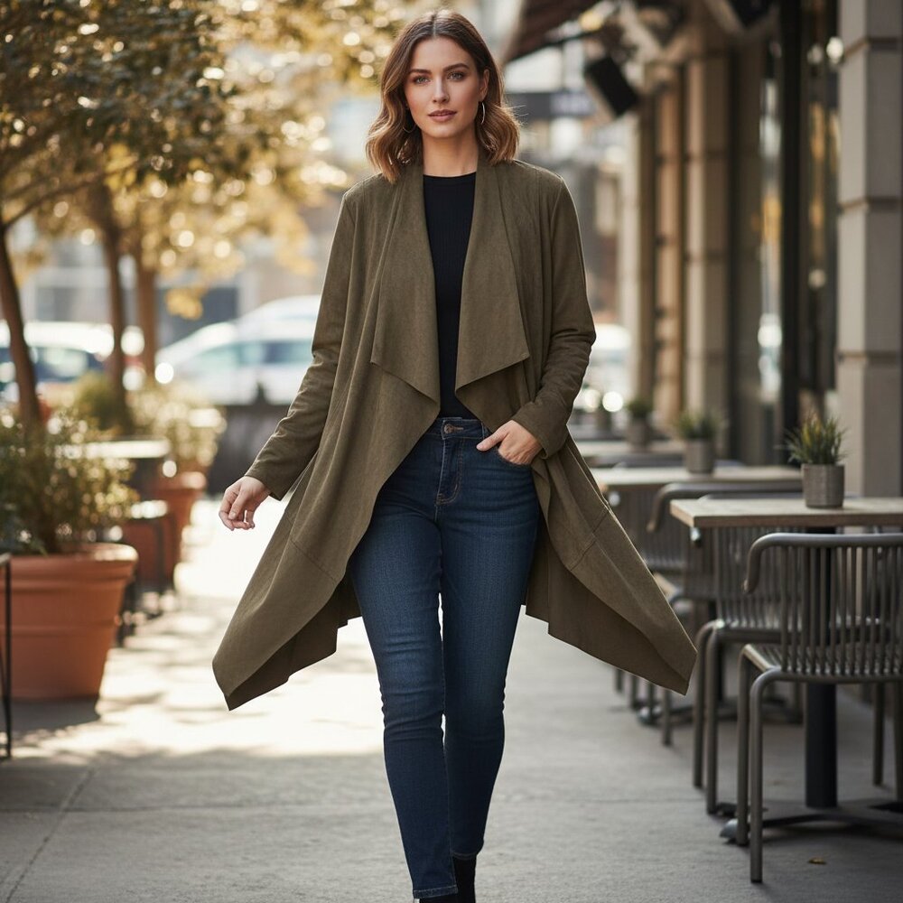 Simply Noelle L XL Women's Jacket Faux Suede Green Brown Boho Chic Earthy Hippie